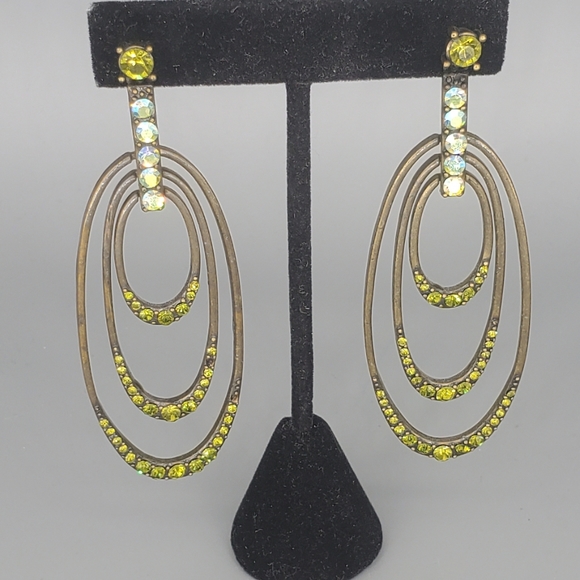 Brass Green Oval Dangle Earrings - Picture 1 of 6